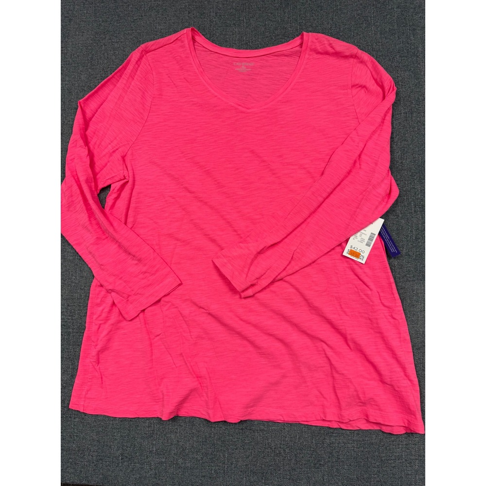 Catherines Womens 0X Bright Pink Slub Knit V-Neck Long Sleeve Tee NWT
